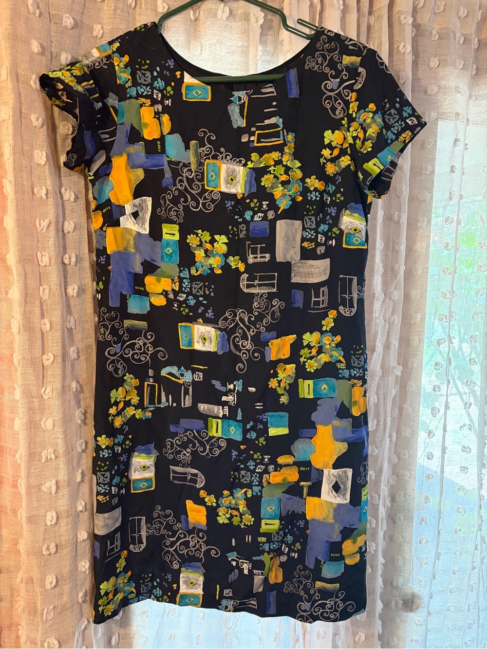 Short Sleeve Dress in Navy with Blue & Yellow Print